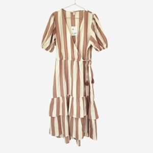 Knox Rose Bronze Wave Striped Wrap Puff Sleeve Midi Dress Medium NWT